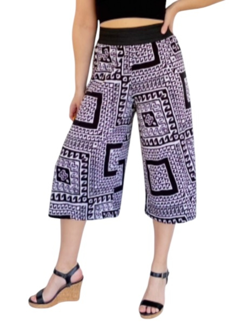 Cha Cha Vente black white abstract tribal stretch crop palazzo pants medium
